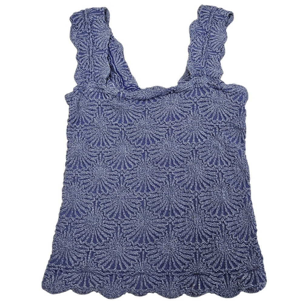 Free People Y2K Textured Knit Tank Top Blue Tight Stretchy Scalloped Straps M